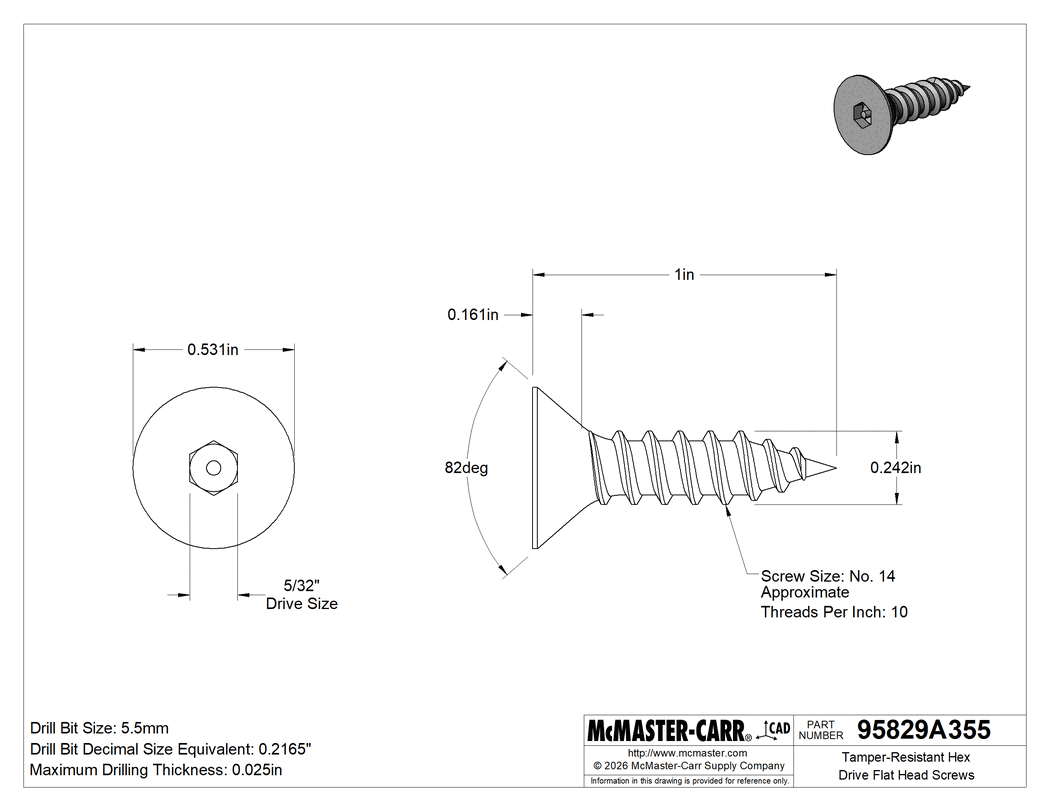 Technical Drawing of Tamper-Resistant Hex Drive Flat Head Screws, for Sheet Metal, 18-8 Stainless Steel, Number 14 Size, 1" Long.